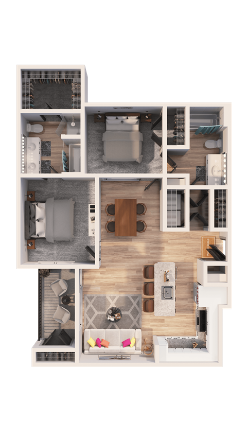 A detailed 3D floor plan of a small apartment.